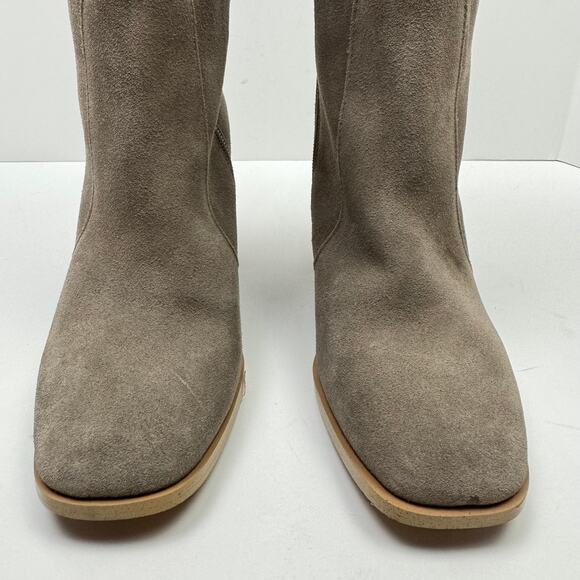 Splendid | Gloria Taupe Suede Leather Block Heel Square Toe Scrunch Riding Boots - Picture 5 of 13